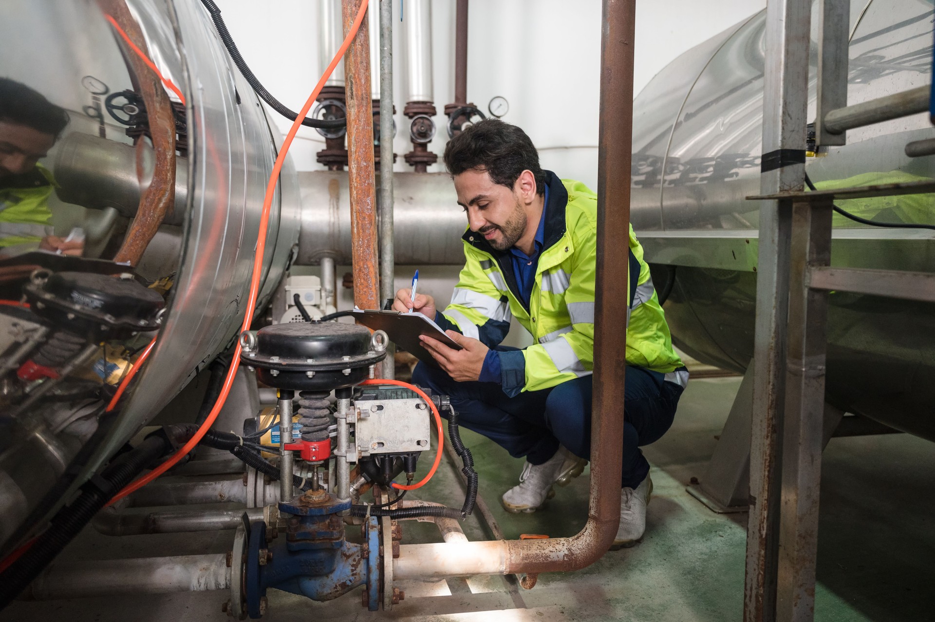 Caucasian engineer man in uniform checklist with clipboard sitting in steel pipeline and valves at processing factory