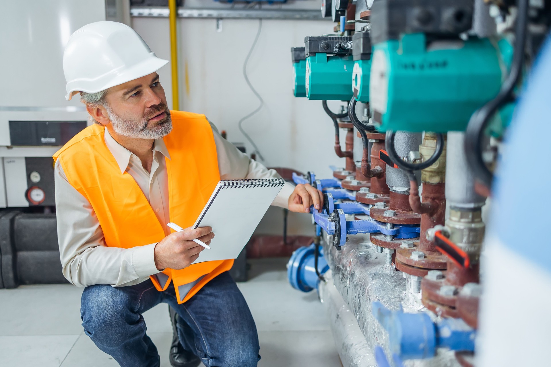 Hardworking caucasian engineer wearing protective uniform and hardhat checking gas pipe installation and equipment inside factory.