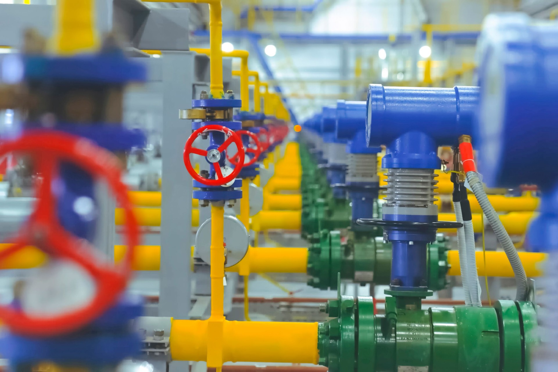 Valves and gas meters in gas metering room in the gas pipeline at the LNG plant